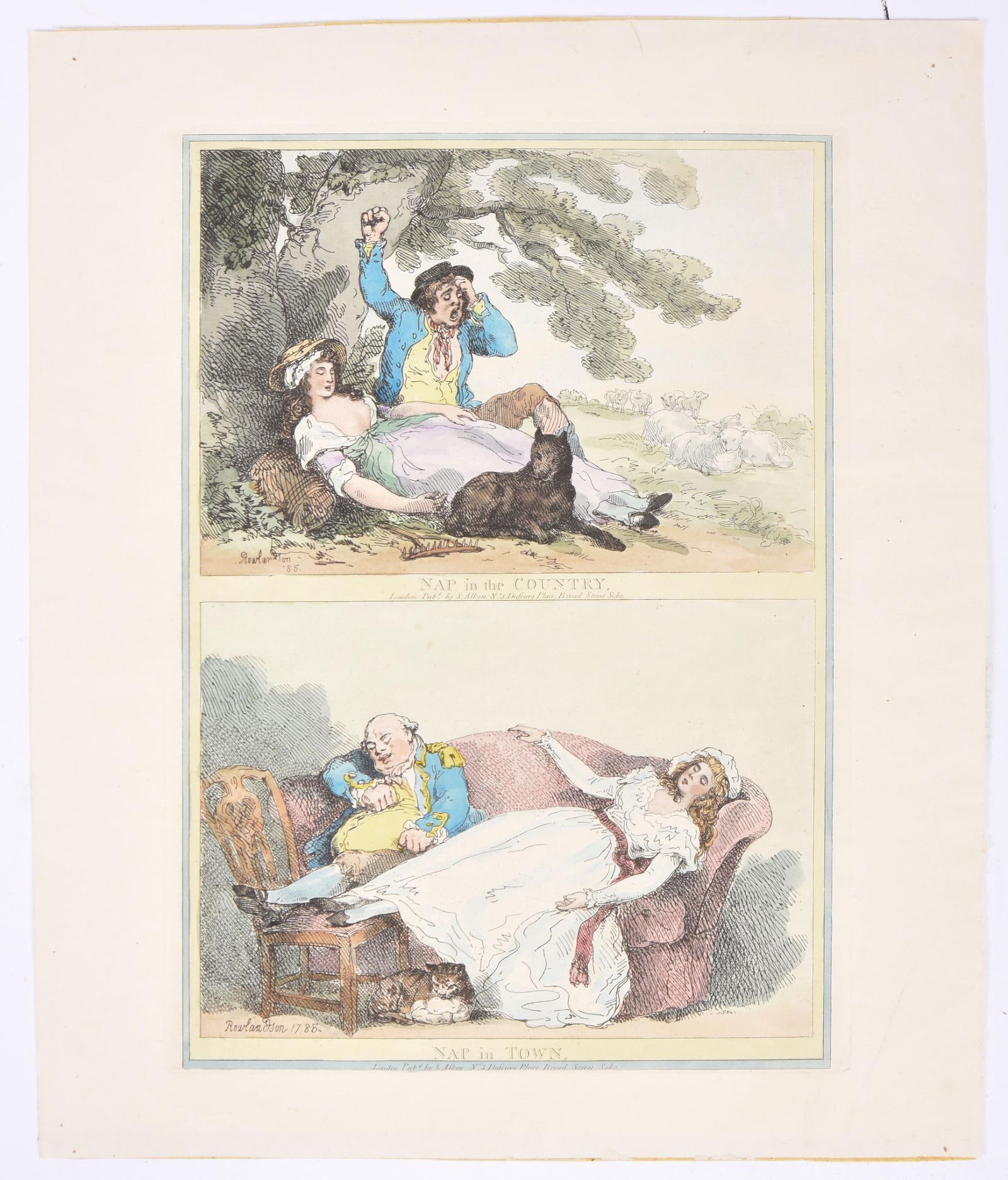 Rowlandson Nap in Country / Nap in Town Print.: Handcolored etching, published by S. Atken, London, sheet 17 x 13.75 inches.