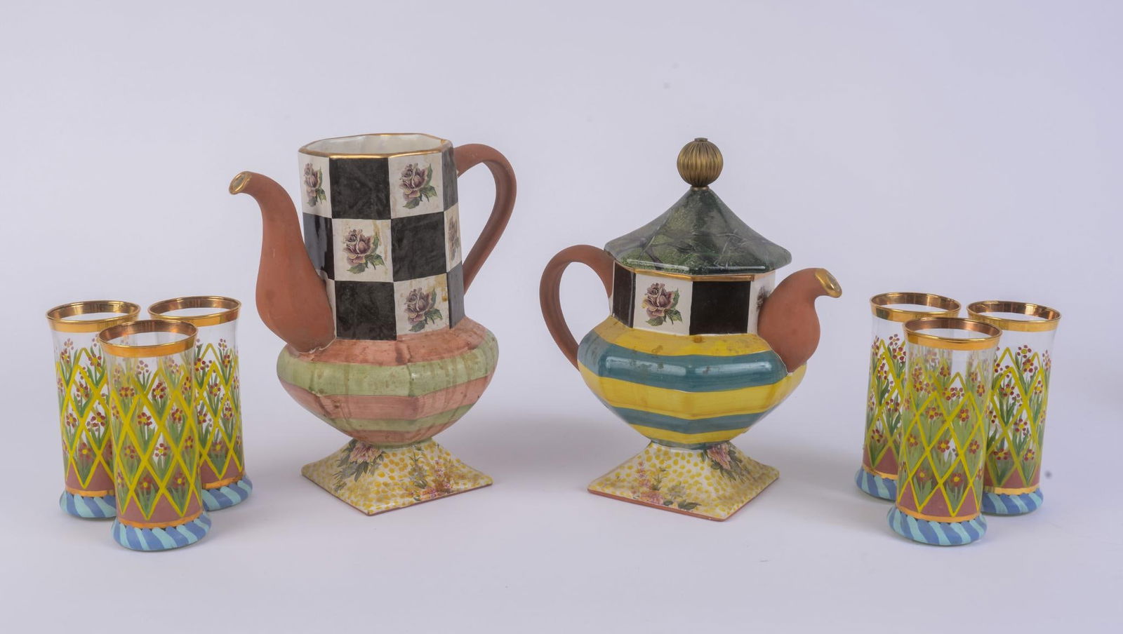 SIX MACKENZIE-CHILDS PAINTED AND GOLD RIMMED TALL GLASSES (1 of 4)
