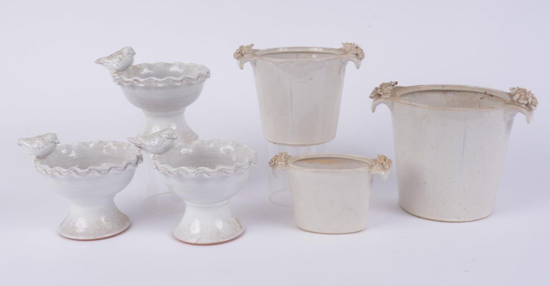 THREE GRADUATED WHITE PLANTERS WITH APPLIED ROSES (1 of 4)