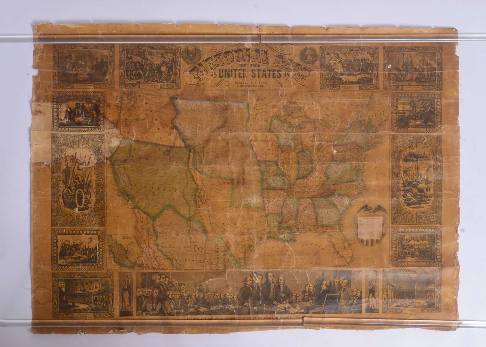 ENSIGNS & THAYER 1849 PICTORIAL MAP OF THE US: 32 x 43 inches, in need of restoration.