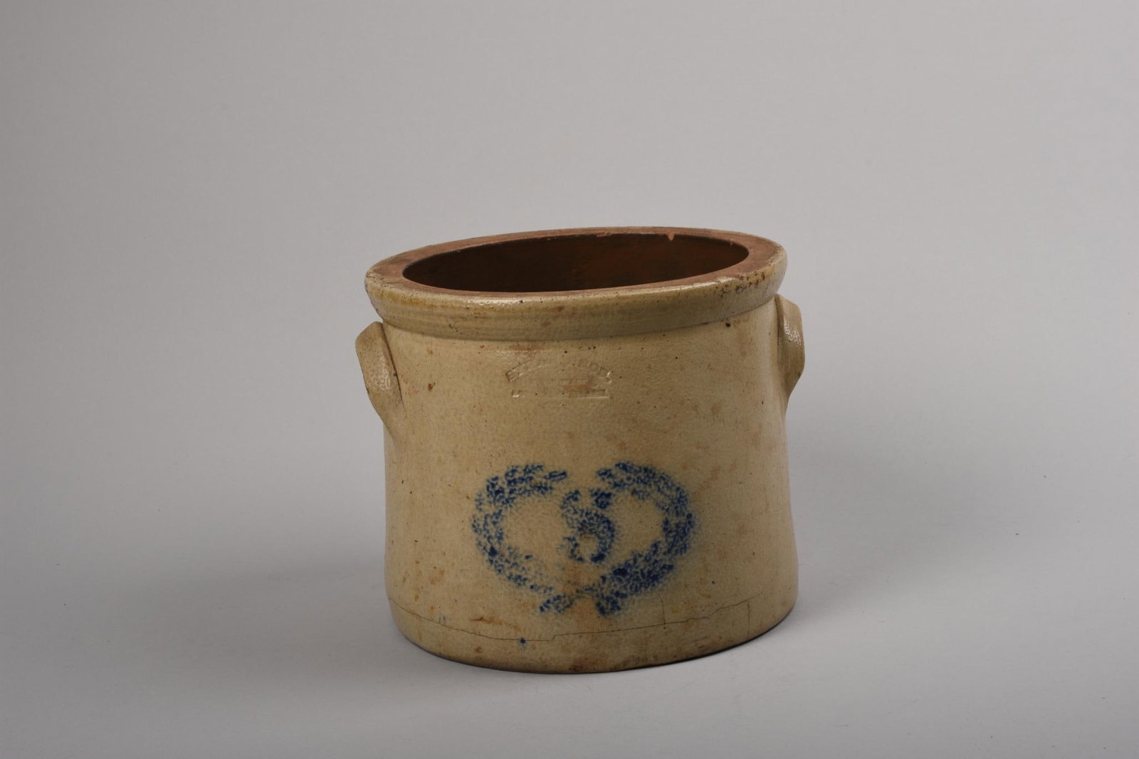 STONEWARE CROCK WITH COBALT BLUE DECORATION.: Height 7 inches. Good condition, a few minor chips to handles.