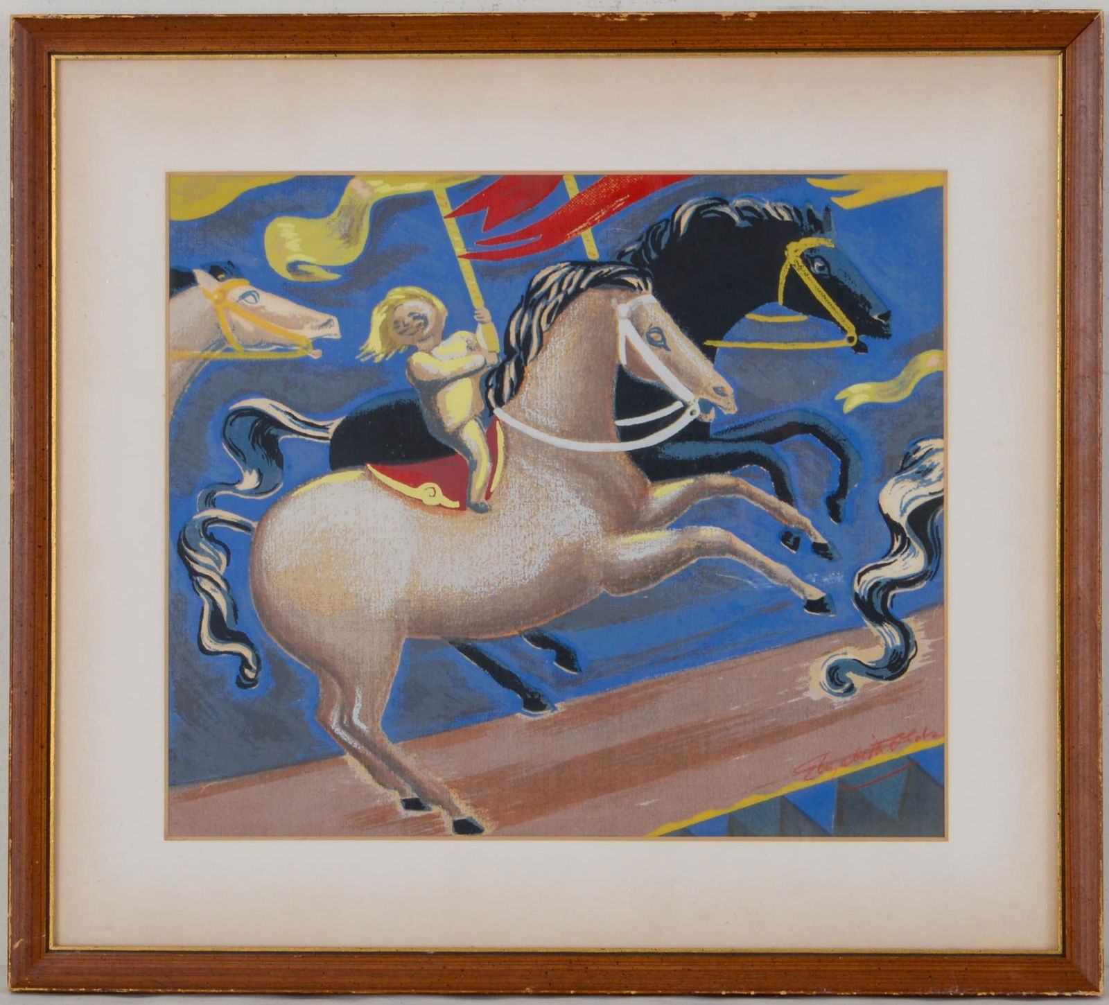 ELIZABETH OLDS SCREENPRINT: CAROUSEL.: Image 11.5 x 13.5 inches, signed in ink on image. Framed, 17 x 19 inches. Laid down on backing board, condition otherwise good.