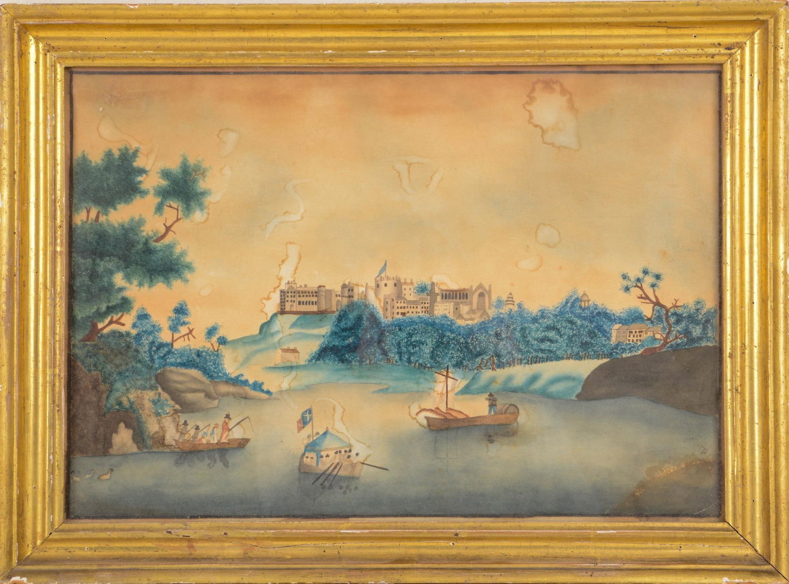 EARLY ENGLISH WATERCOLOR WITH BOATS ON A RIVER.: 11 x 16.5 inches, sight, in a period gilt frame, 14.5 x 19.5 inches. Water damage.