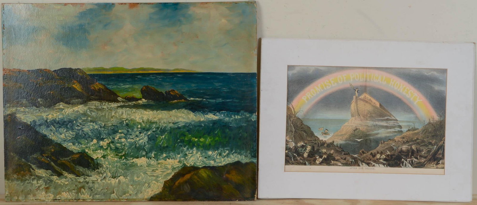OCEAN SCENE OIL ON BOARD WITH POLITICAL CARTOON: Cartoon 'After The Deluge', Oil unframed 22 inches by 28 inches