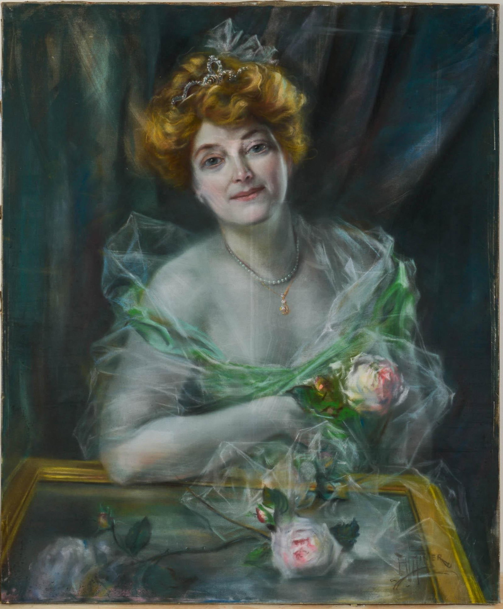 ROMANTIC PORTRAIT OF A WOMAN, SIGNED MINIER.: Oil on canvas, 36 x 30 inches. Unframed.