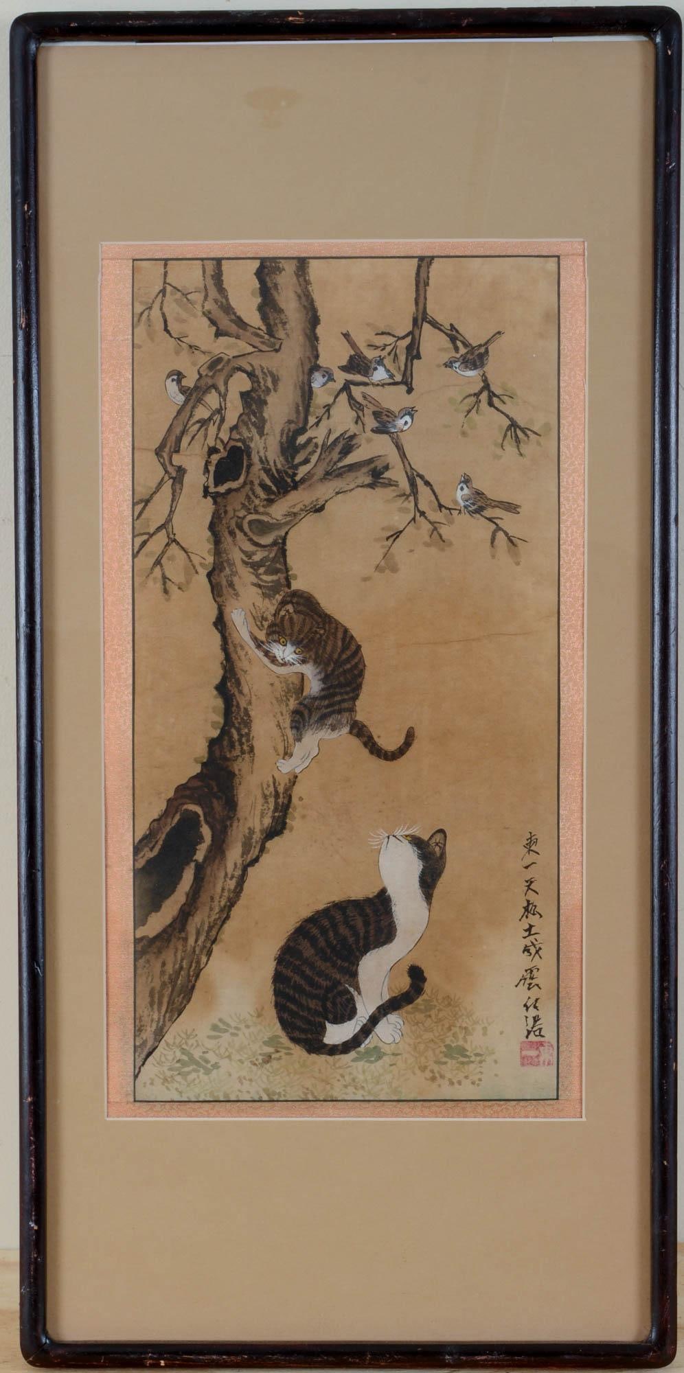 CHINESE PEN AND INK DRAWING OF CATS PLAYING IN A TREE (1 of 2)