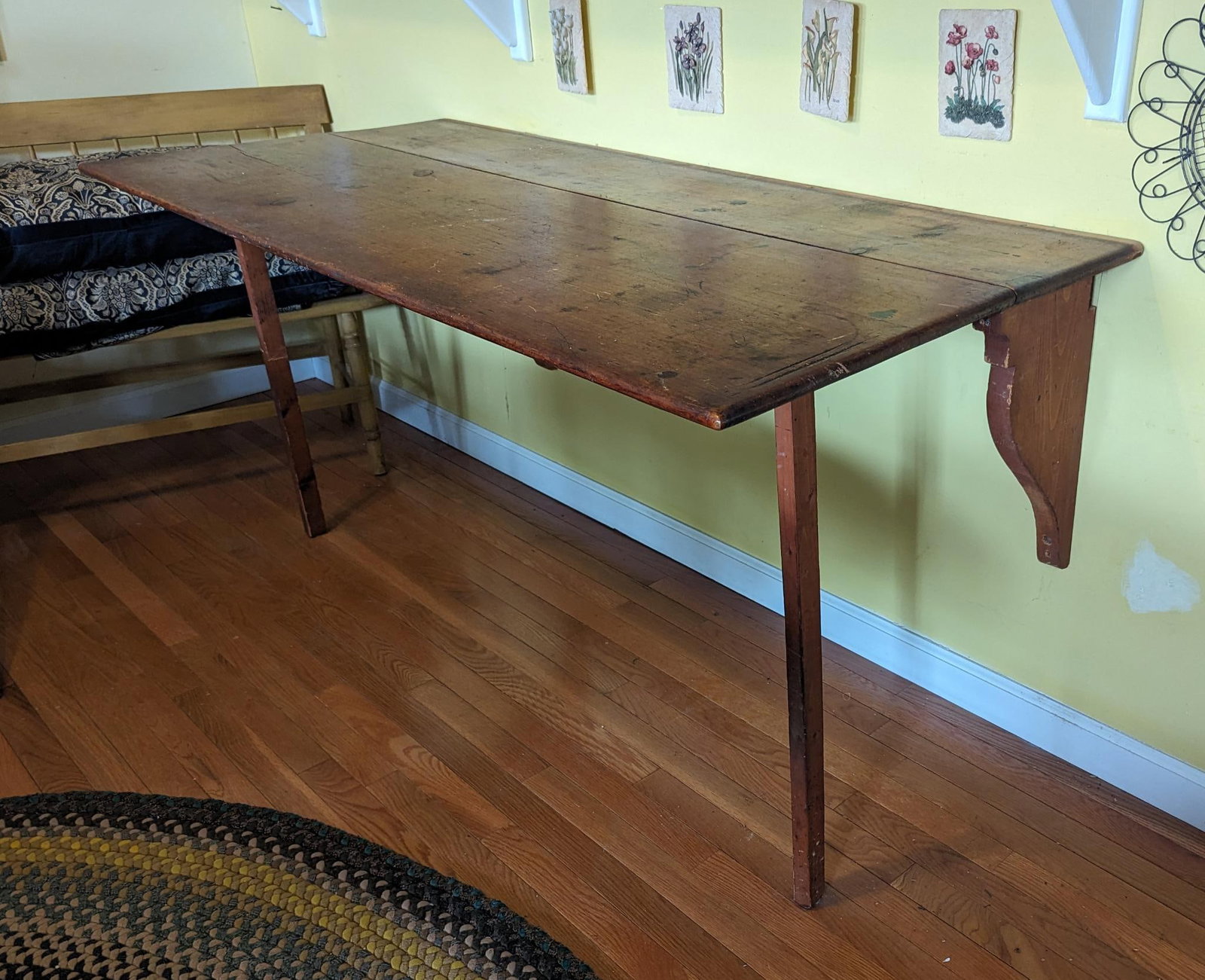 Pine Folding Wall Mounted Table: Height 30 inches, width 64 inches, depth open 29 inches, closed 11 inches.