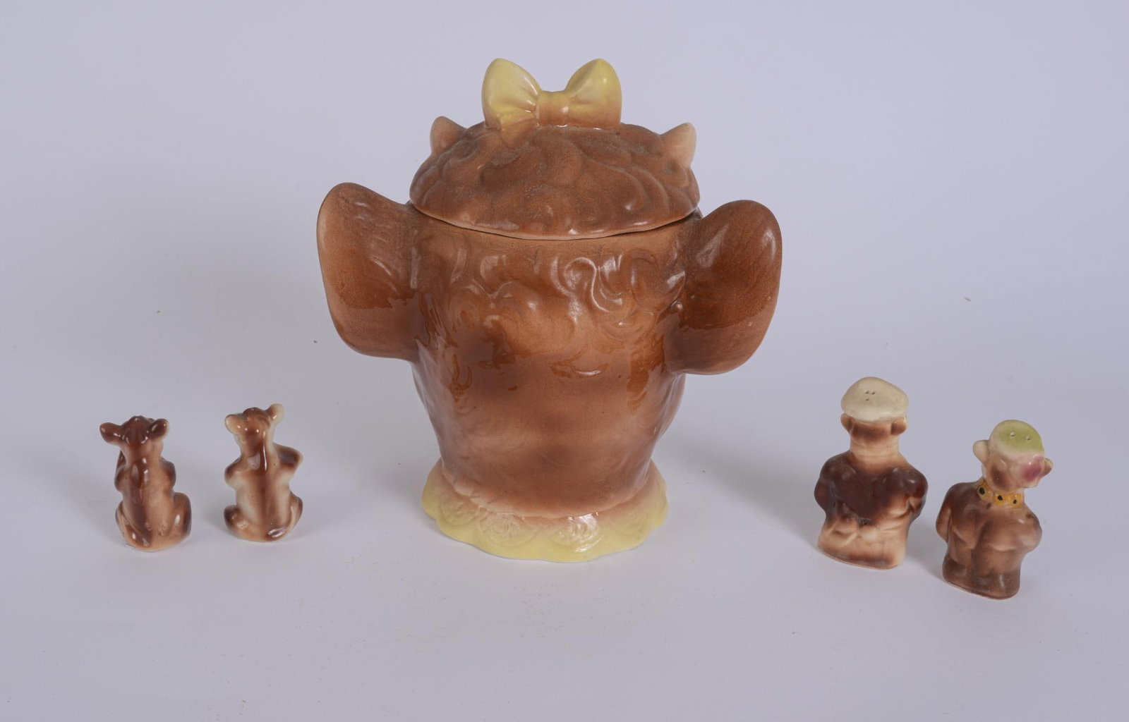 Large Elsie Cook Jar by Poppytrail Pottery: With a set of Elsie and Elmer salt and peppers and cow salt and pepper, cook jar height 10.75 inches, good condition