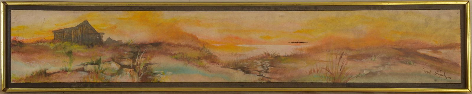 Jonas Gerard (b. 1941) 'Bar Harbor Shores' June 1977: Signed l.r., image 7.75 inches x 48 inches, in floating gold frame 9.75 inches x 50 inches, canvas damaged