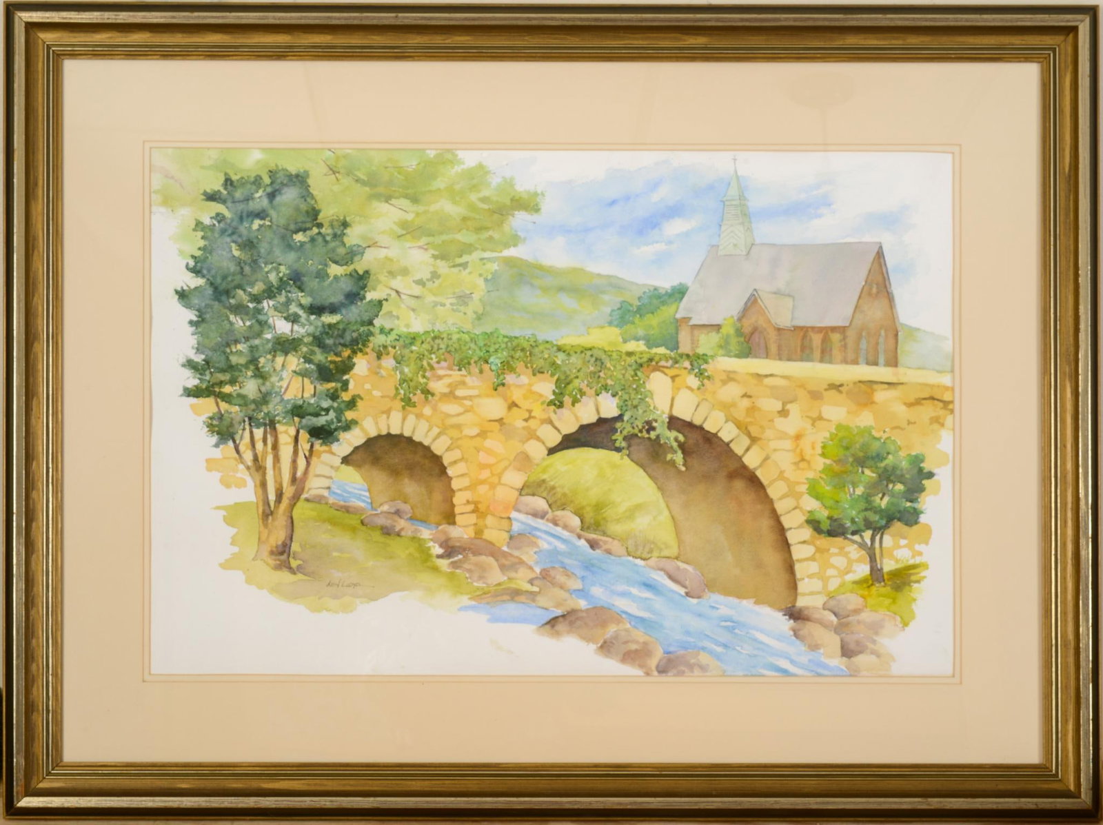 Ken Lloyd Landscape With River: Watercolor on paper, signed l.l., image size 19 inches x 29 inches. framed 29.5 inches x 39 inches