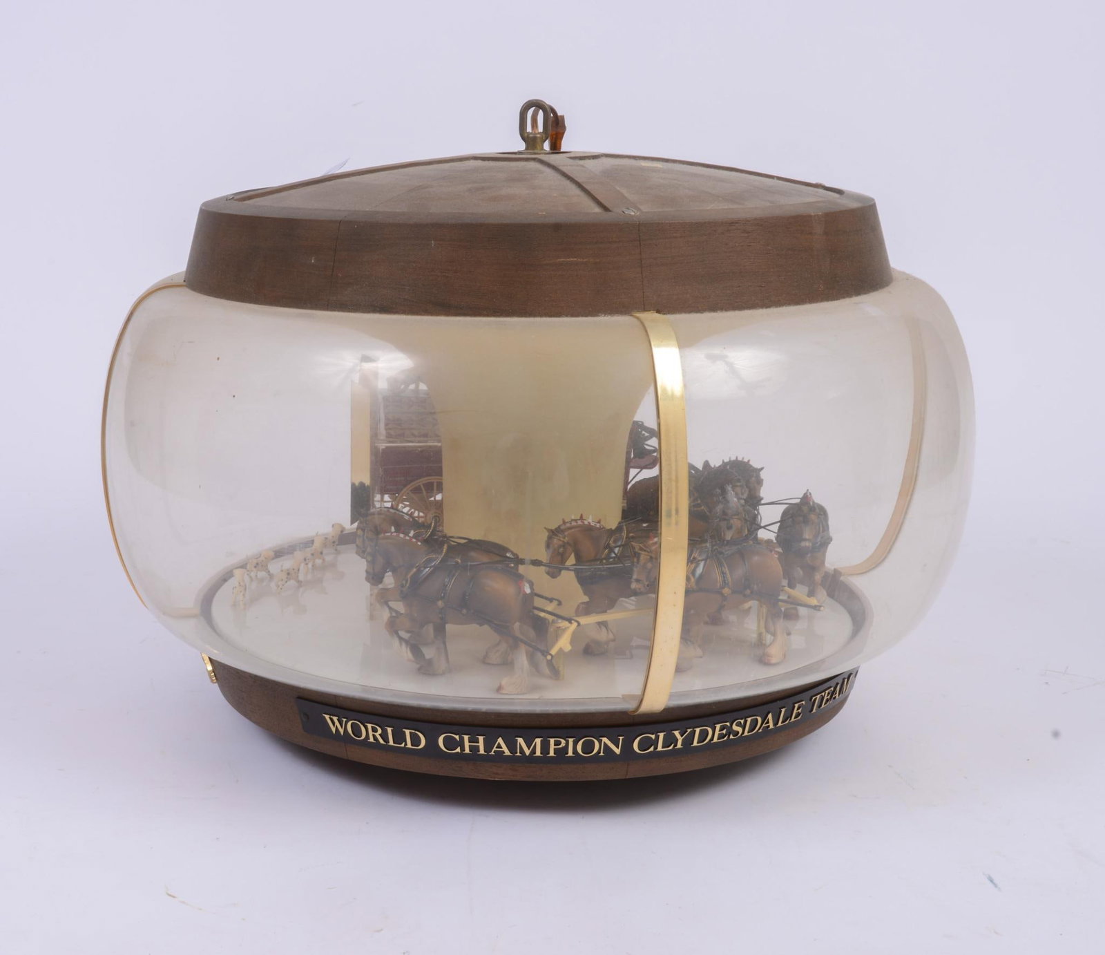 Budweiser World Champion Clydesdale Carousel Globe.: Diameter 22 inches. Not tested, in good cosmetic condition.