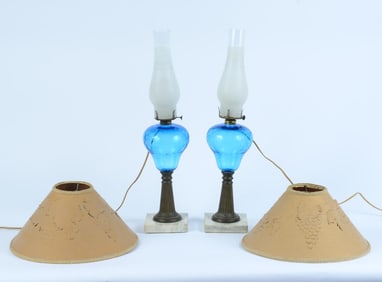 PAIR OF ETCHED BLUE GLASS GAS LAMPS