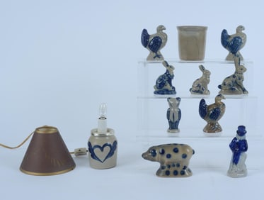 GROUP OF COBALT DECORATED POTTERY ANIMAL FIGURES