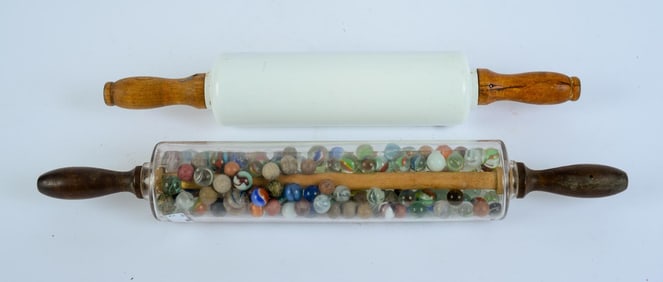 MILK GLASS ROLLING PIN WITH MARBLE FILLED GLASS ROLLING PIN