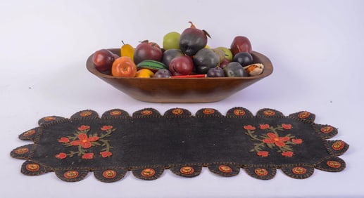 RECTANGULAR WOOD BOWL WITH CERAMIC AND PLASTIC FRUIT