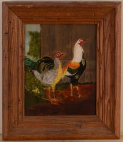 REVERSE PAINTING ON GLASS OF TWO CHICKENS