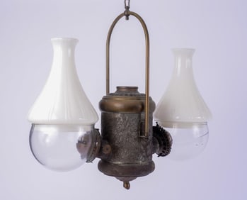 TWO LIGHT HANGING GAS LANTERN WITH RIBBED MILK GLASS SHADES