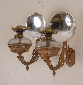 PAIR OF BRONZE MIRROR BACK GAS LIGHT SCONCES
