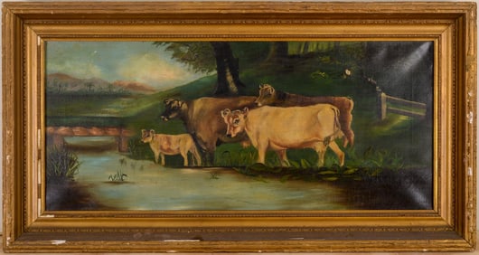 OIL ON CANVAS OF COWS BY A RIVER