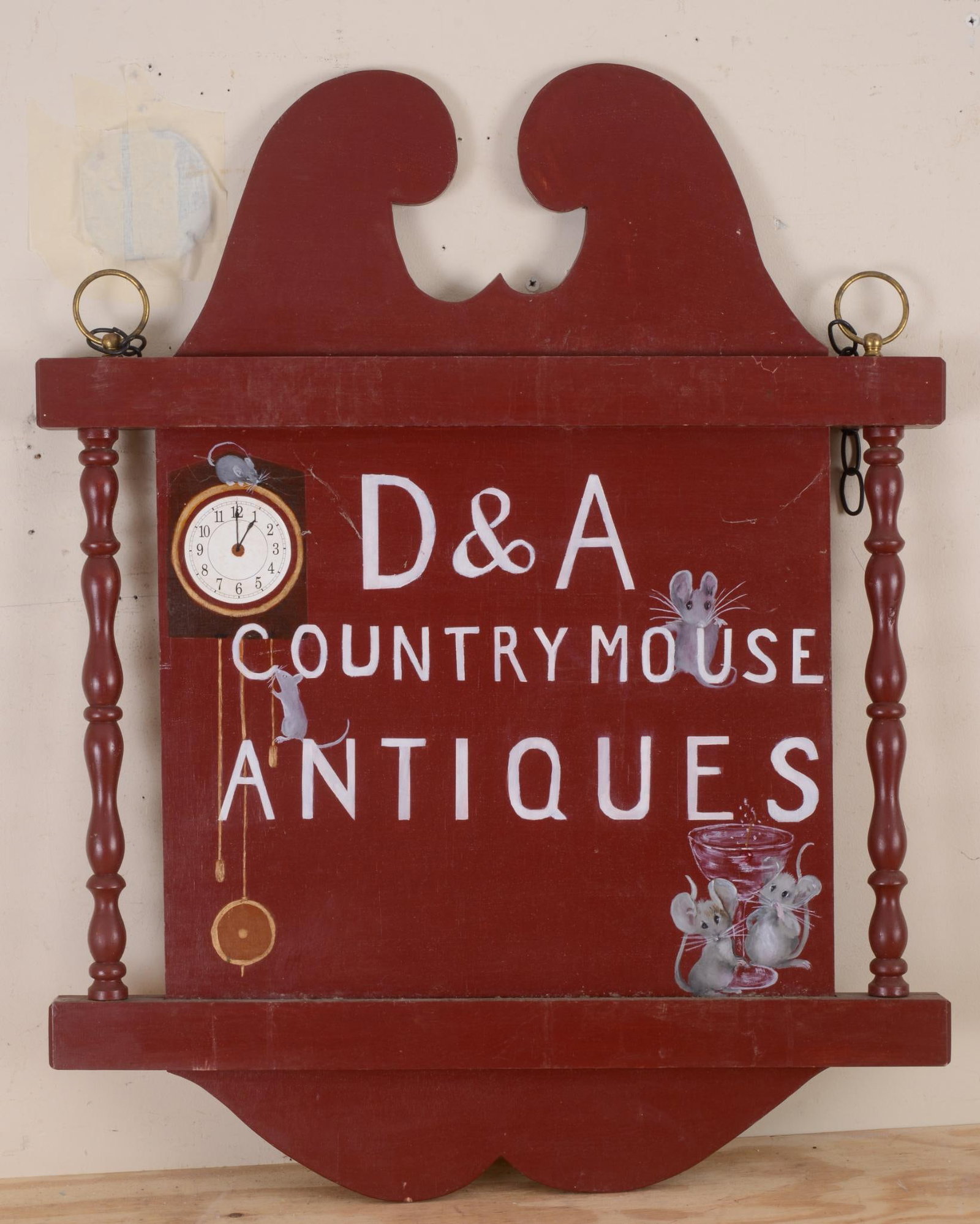 RED PAINTED 2 SIDED HANGING WOOD SHOP SIGN: D & A Country Mouse Antiques, height 33.5 inches, width 27 inches, good condition