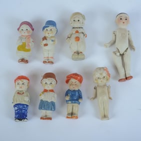 SIX MINIATURE JAPANESE FIGURES OF CHILDREN, AND TWO DOLLS
