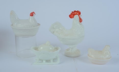 GROUP OF MILK GLASS COVERED CHICKEN AND ROOSTER JARS