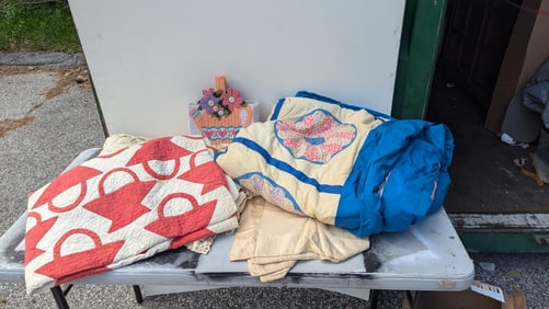 Two Quilts, Crocheted Coverlet, and a Crocheted Purse