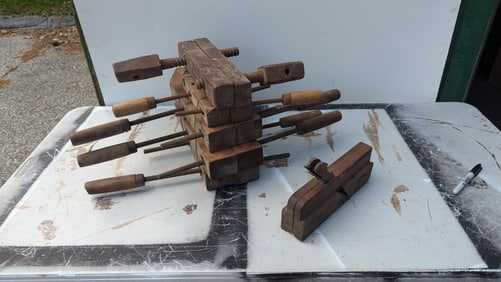 Five Wooden Clamps and a Molding Plane.