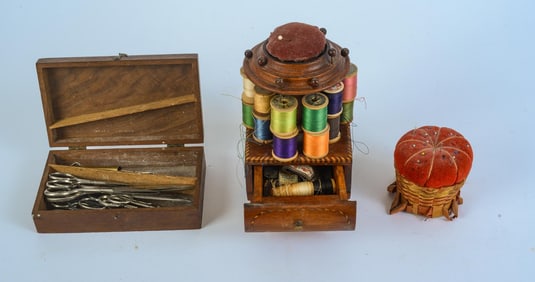 INLAID WOOD SEWING STAND WITH THREAD CAROUSEL