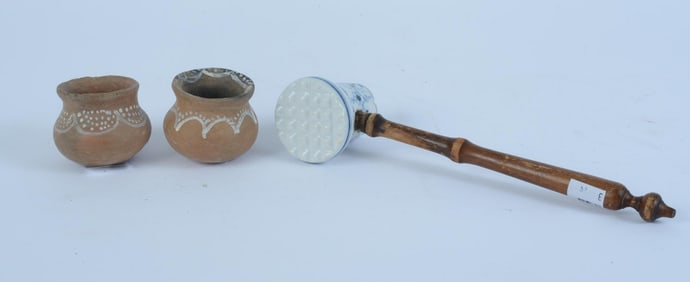DELFT STYLE MEAT TENDERIZER AND 2 PRIMITIVE CLAY VESSELS