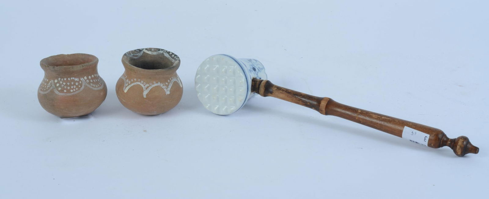 DELFT STYLE MEAT TENDERIZER AND 2 PRIMITIVE CLAY VESSELS (1 of 3)