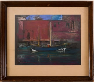 PASTEL ON PAPER BLUE BOAT AT DOCK