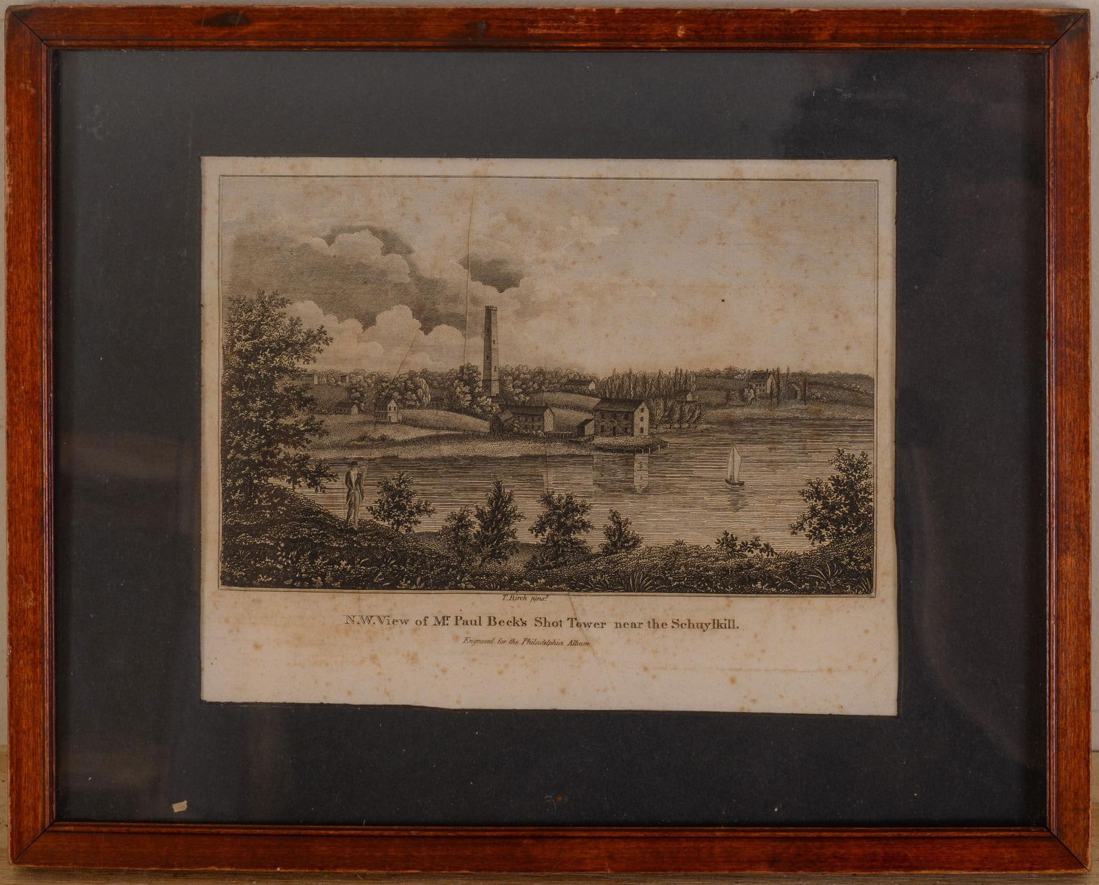 N.W. VIEW OF MR. PAUL BECK'S SHOT TOWER, NEAR THE SCHUYKILL': Steel engraving, after Thomas Birch, 1812, engraved for the Philadelphia album, image 6 inches x 7.5 inches, framed 9.25 inches x 11.5 inches