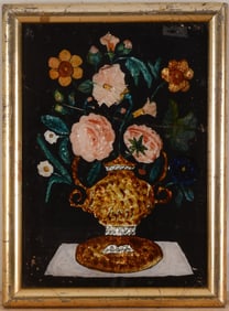 FLORAL TINSEL PAINTING ON BOARD, 19TH CENTRUY
