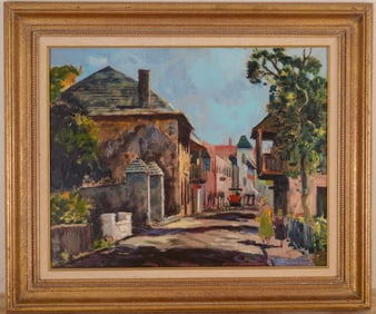 ST. AUGUSTINE STREET SCENE OIL ON BOARD, BY EMETT FRITZ