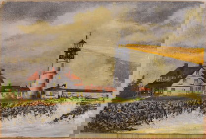 LIGHTHOUSE PAINTING OIL ON BOARD