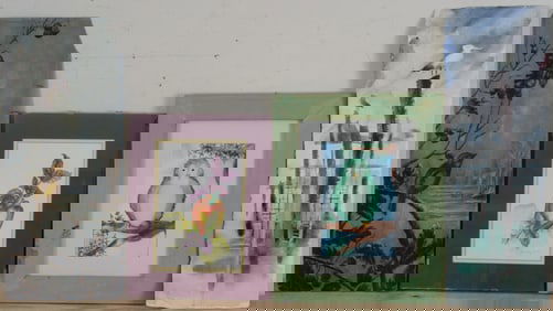 GROUP OF THREE WATERCOLORS AND A PAINTED BOARD OF BIRDS AND FRUIT