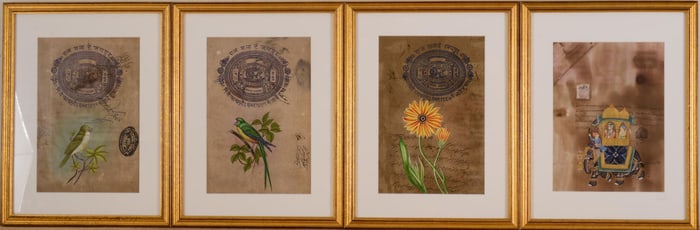 SET OF 4 GOLD FRAMED PRINTS OF BIRDS, FLOWERS AND FIGURES