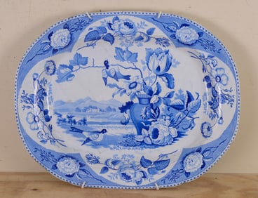 BLUE AND WHITE FLORAL AND BIRD DECORATED SERVING PLATTER
