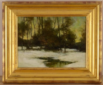 OIL ON CANVAS EVENING WINTER LANDSCAPE 'SNOW POND'