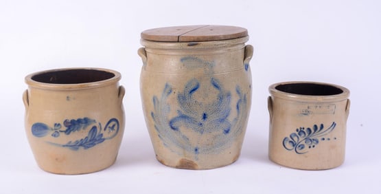 THREE COBALT DECORATED STONEWARE JARS
