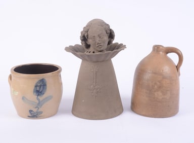 STONEWARE JUG AND COBALT DECORATED JAR