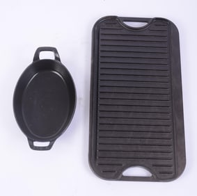 LODGE CAST IRON GRIDDLE WITH STAUB CAST IRON BAKING DISH