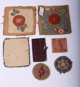 GROUP OF 7 HOOKED RUG TABLE AND CHAIR PADS