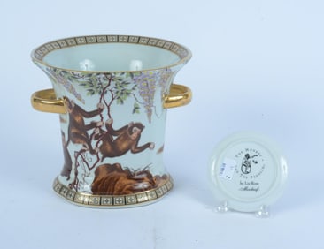 PORCELAIN MONKEY DECORATED VASE WITH GOLD TRIM