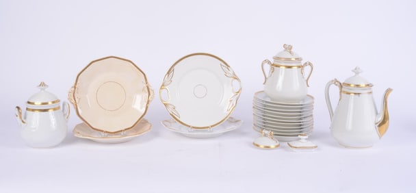 WHITE AND GOLD PORCELAIN COFFEE POT, SUGAR AND COFFEE JARS