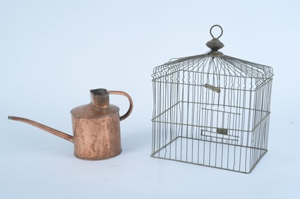 COPPER WATERING CAN WITH METAL BIRD CAGE