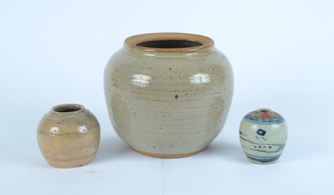 STONEWARE VASE WITH COBALT CHICKEN DRAWING