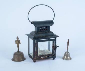 2 METAL TABLE BELLS WITH BLACK HANDLED LANTERN