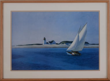 FINE EDWARD HOPPER PRINT.  SAILBOAT PASSING A LIGHTHOUSE.